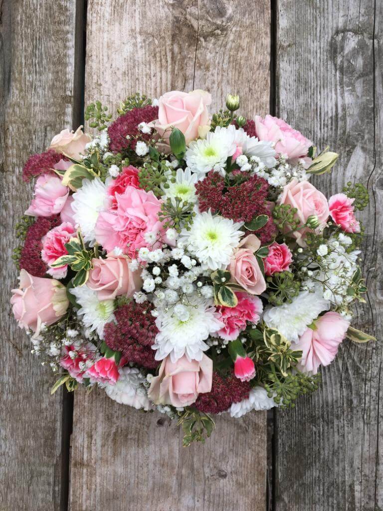 Pink table arrangement, summer wedding flowers